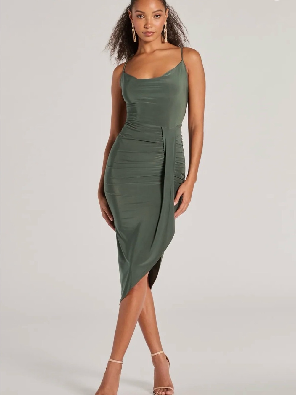Windsor Olive Green Draped Midi Slip Dress